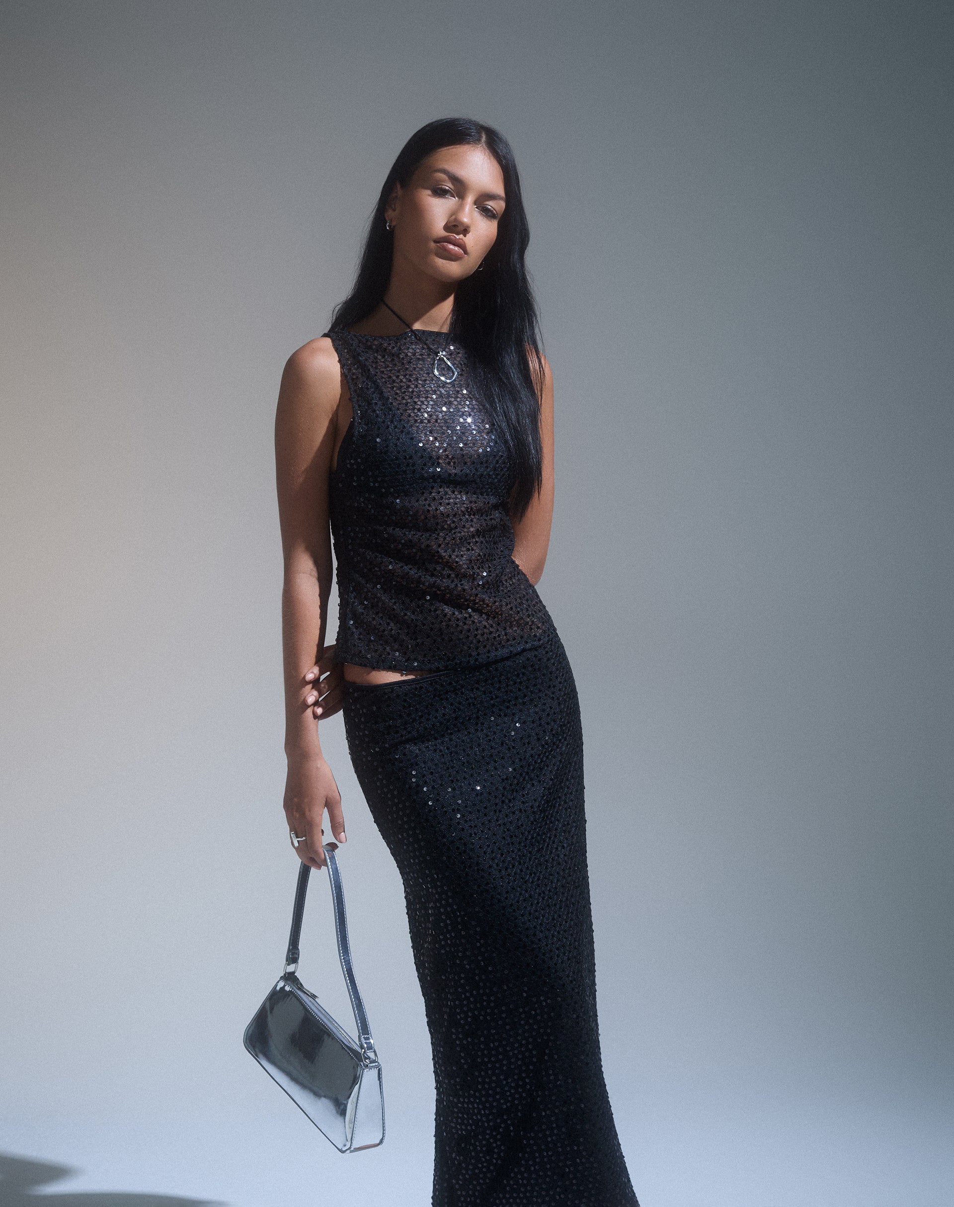 Dudley Vest Top in Sequin Knit Black